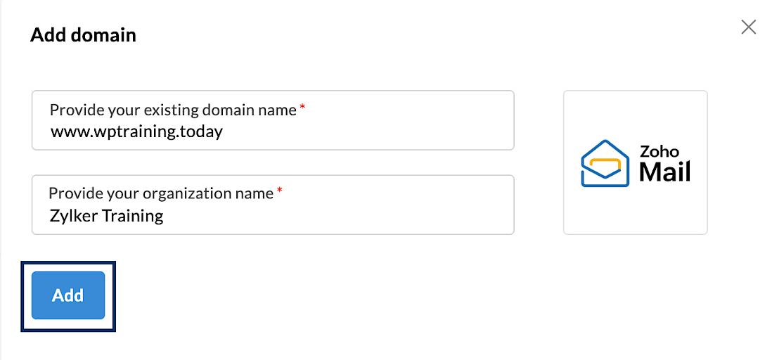 Formulir untuk memasukkan alamat domain dan nama bisnis di Zoho Mail